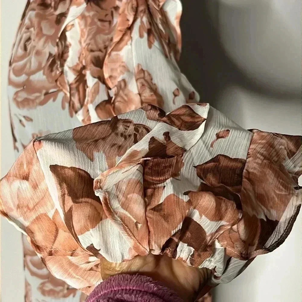 Express Floral Abstract Print Multicolor Ruffle Button Front Sheer Blouse Size S - Picture 6 of 8